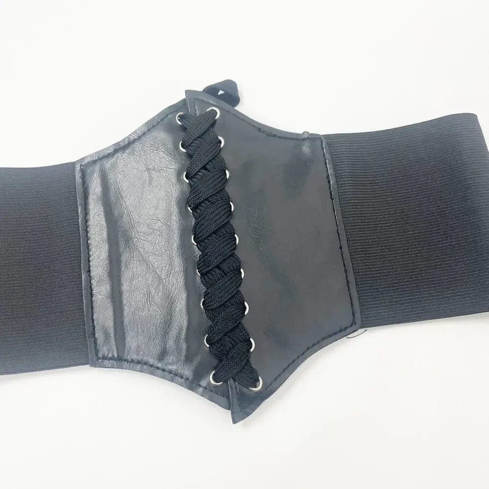 2/$30 NEW Faux Vegan Leather Lace Up Corset Belt Elastic Black (Up to Size L)